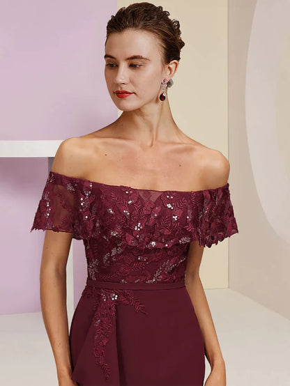 Mother of the Bride Dress Wedding Guest Party Elegant Off Shoulder Floor Length Chiffon Lace Short Sleeve with Sequin Ruffles