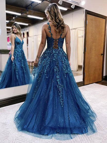 A-Line Prom Dresses Sparkle & Shine Dress Formal Floor Length Sleeveless V Neck Tulle Backless with Glitter Appliques