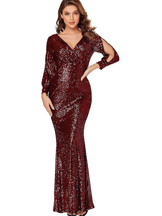 Sparkle Boho Prom Formal Evening Dress V Neck Long Sleeve Floor Length Polyester with Criss Cross Sequin