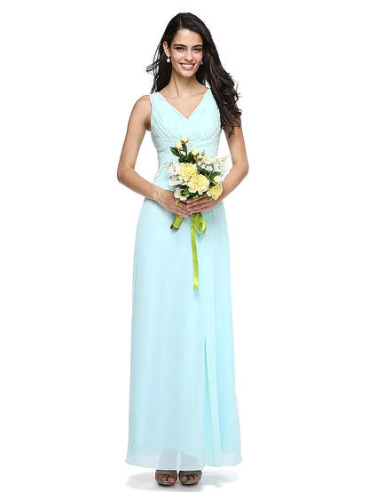 Bridesmaid Dress V Neck Sleeveless Elegant Floor Length Chiffon with Criss Cross   Side Draping