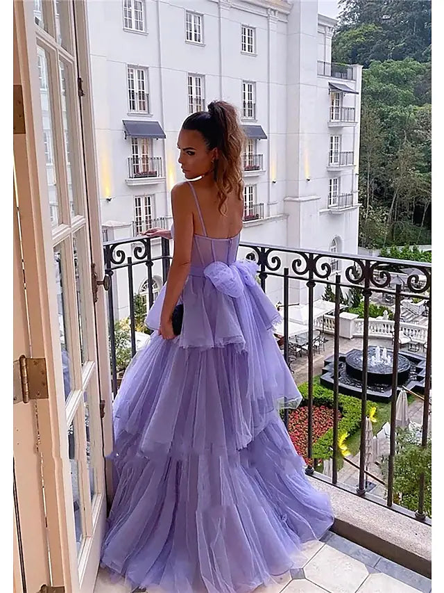 Prom Dresses Tiered Dress Formal Floor Length Sleeveless Sweetheart Tulle Backless with Pleats Ruched