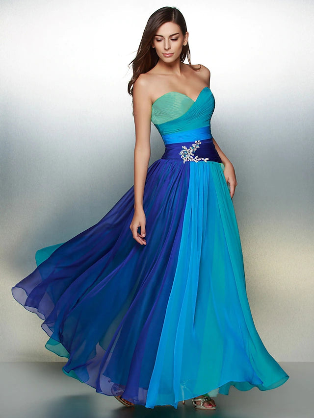 Dress Wedding Guest Floor Length Sleeveless Sweetheart Chiffon Backless with Ruched Crystals