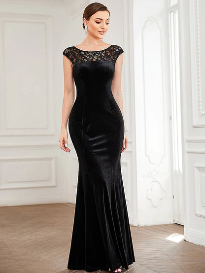 Evening Gown Elegant Dress Formal Floor Length Short Sleeve Jewel Neck Velvet with Lace Insert