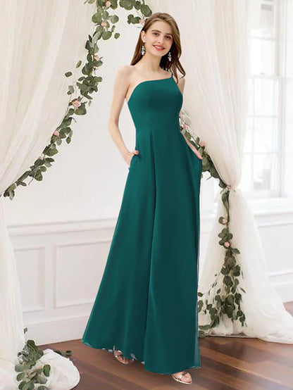 Bridesmaid Dress One Shoulder Sleeveless Elegant Floor Length Chiffon with Pleats