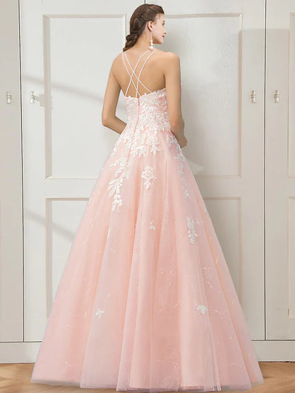 Prom Dresses Floral Dress Masquerade Floor Length Sleeveless Spaghetti Strap Tulle Crisscross Back with Embroidery