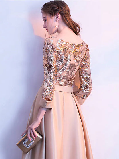 Elegant Prom Formal Evening Dress Jewel Neck Length Sleeve Floor Length Satin with Sequin